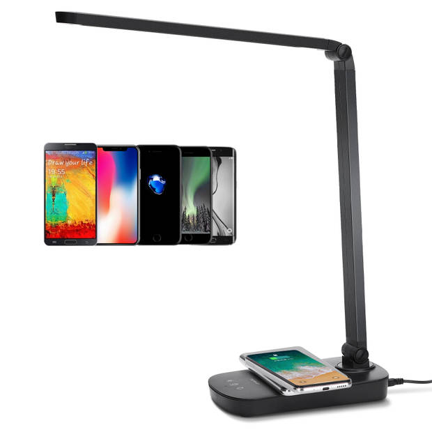 Aigostar Owen LED bureaulamp - Qi draadloos opladen - Tafellamp - Dimbaar – Opvouwbaar – Smart Touch- Zwart