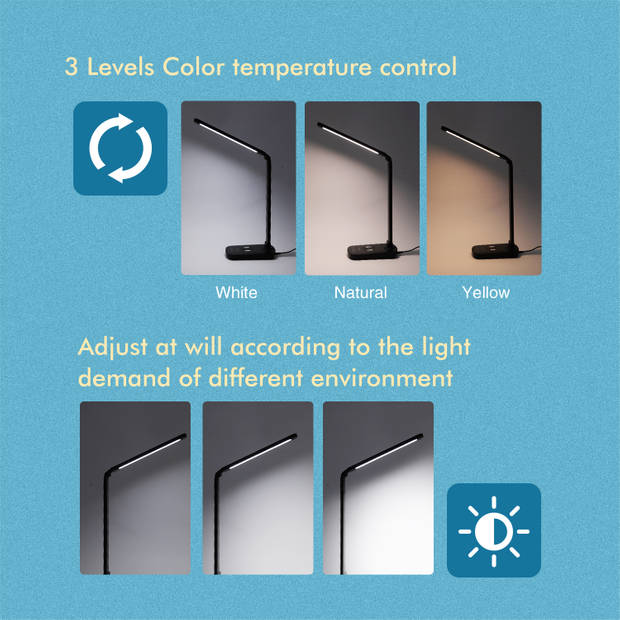 Aigostar Owen LED bureaulamp - Qi draadloos opladen - Tafellamp - Dimbaar – Opvouwbaar – Smart Touch- Zwart