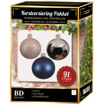 Zilvere/donkerblauwe/lichtroze kerstballen pakket 91-delig voor 150 cm boom - Kerstbal