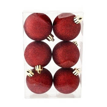 6x Kunststof kerstballen glitter donkerrood 6 cm versiering - Kerstbal