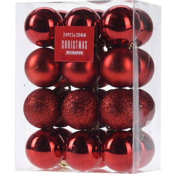 24x Glans/mat/glitter kerstballen rood 3 cm kunststof kerstboom versiering/decoratie - Kerstbal