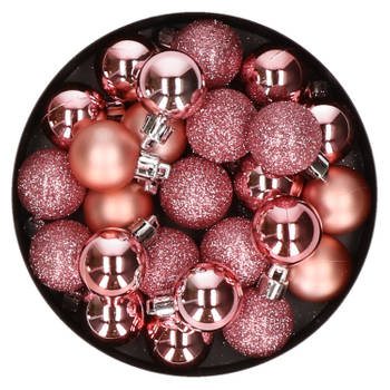 20x stuks kleine kerstballen 3 cm roze kunststof mat/glans/glitter - Kerstbal