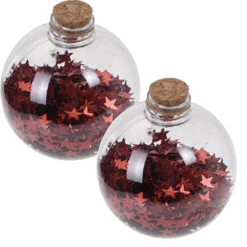 2x Kerstballen transparant/rood 8 cm met rode sterren kunststof kerstboom versiering/decoratie - Kerstbal
