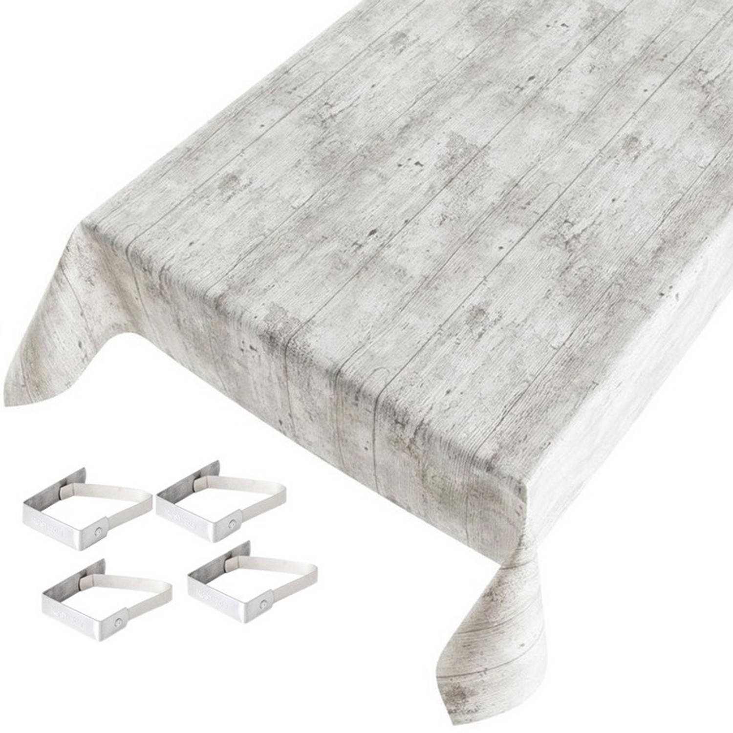 Buiten tafelkleed-tafelzeil grijs steigerhout print 140 x 245 cm met 4 tafelkleedklemmen Tuintafelkl