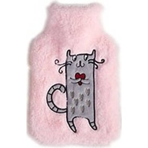 Warmwaterkruik lichtroze pluche met grijze katten/poezen afbeelding 2 liter - Kruiken