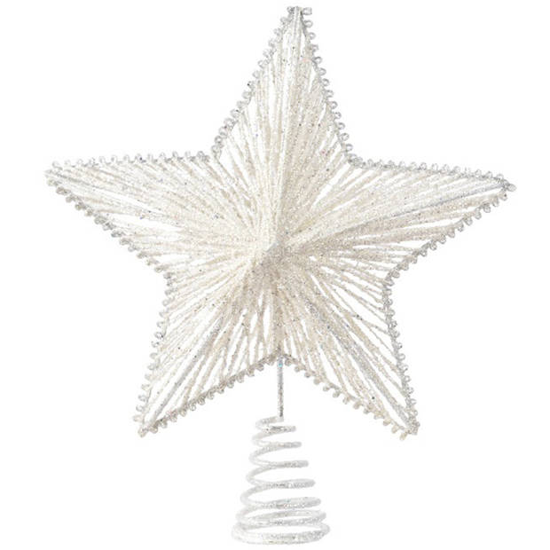 Decoris Kerst piek - ster vorm - wit - glitters - 25 cm - ijzer - kerstboompieken