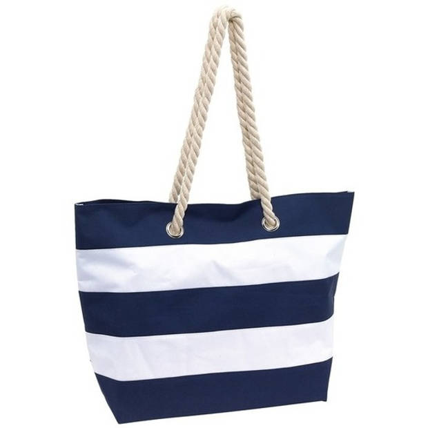 Blauw/witte polyester strandtas gestreept met klittenband 47 cm - Strandtassen