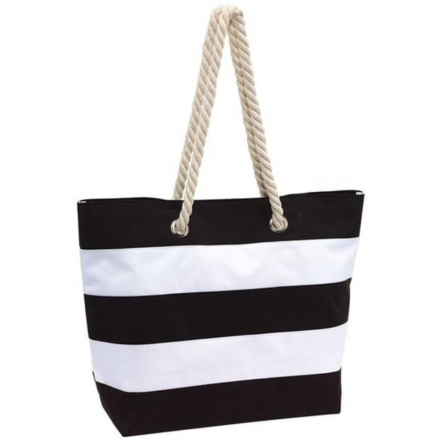 Zwart/witte polyester strandtas gestreept met klittenband 47 cm - Strandtassen