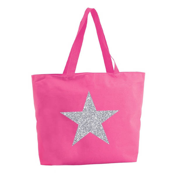 Zilveren ster glitter boodschappentas / strandtas fuchsia roze 47 cm - Shoppers