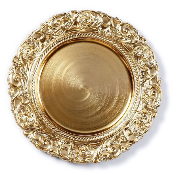 Ronde gouden onderzet bord/kaarsonderzetter met decoratieve rand 33 cm - Kaarsenplateaus