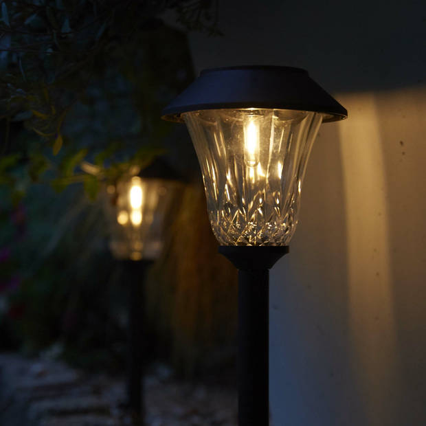 Solar tuinlamp - 2x - zwart - LED Softtone effect - oplaadbaar - D12 x H42 cm - Fakkels