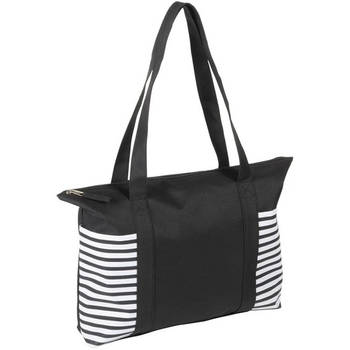 Zwart/witte polyester strandtas met streepmotief en rits 44 cm - Strandtassen