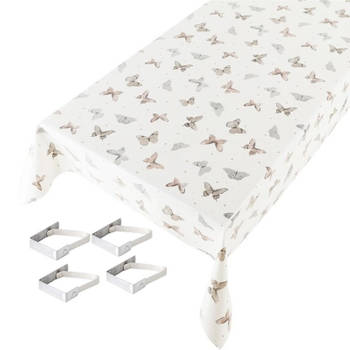Witte tafelkleden/tafelzeilen vlinder print 140 x 245 cm rechthoekig met 4x tafelkleedklemmen - Tafelzeilen