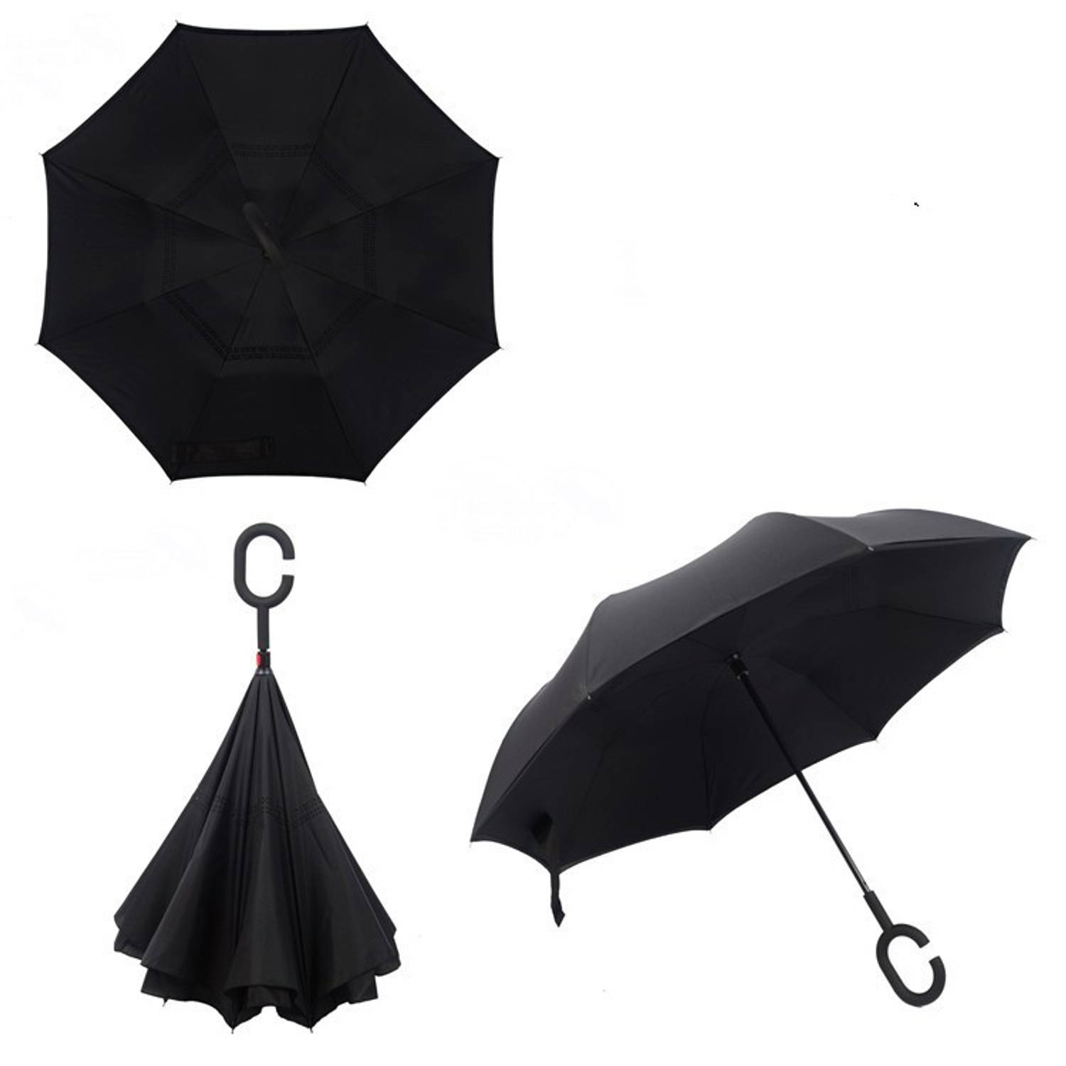 Dubbellaagse Omkeerbare Paraplu - Effen - Zwart