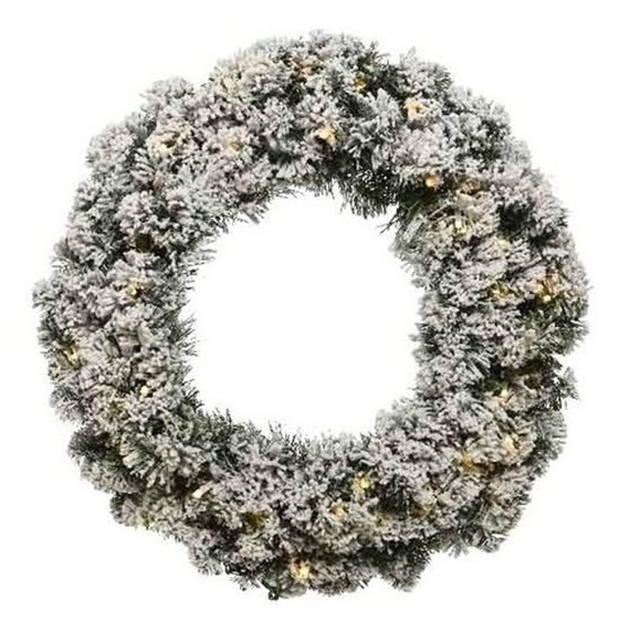 Kerstkrans 60 cm - groen met led - besneeuwd - met messing zilveren hanger/ophanghaak - Kerstkransen