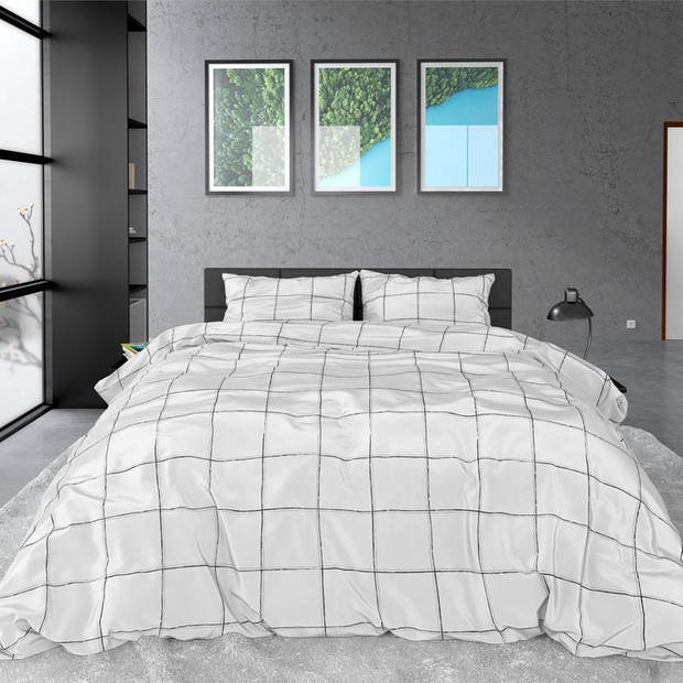 Dreamhouse Bedding Deep Check dekbedovertrek - Lits-jumeaux (240x200/220 cm + 2 slopen) - Katoen satijn - White