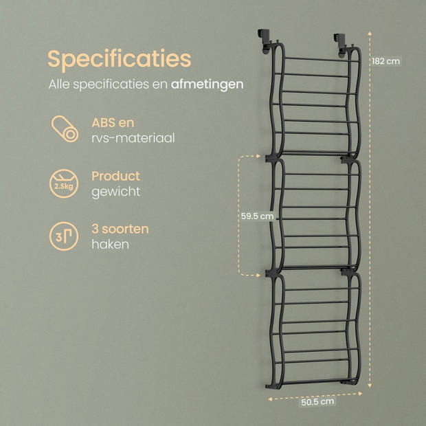 O'DADDY® hangend schoenenrek deur - Geschikt voor opdek en stompe deuren, beide kanten – 20 x 51 x 182 cm - Zwart