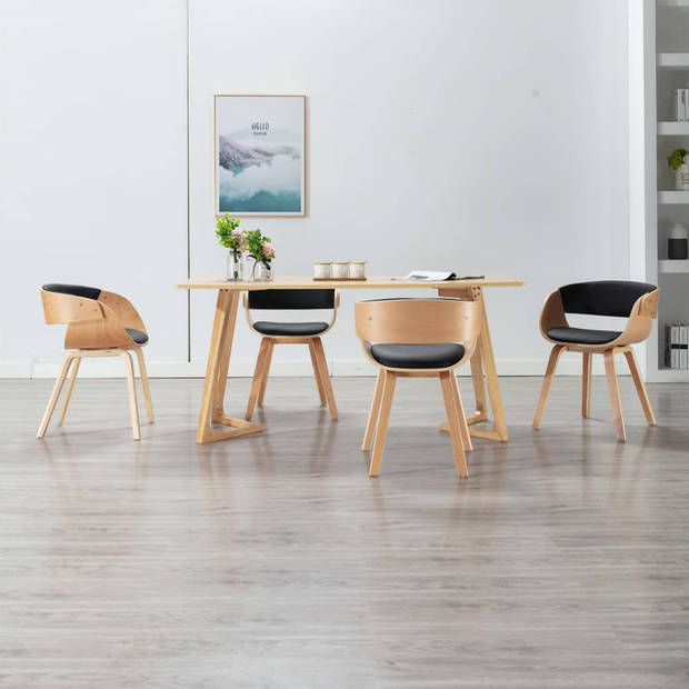 The Living Store Eetkamerstoelen - Set van 4 - Zwart/Lichtbruin - Kunstleer/Hout - 53x52x70cm