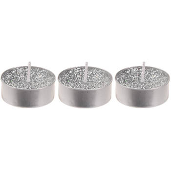 15x Zilveren glitter waxinelichtjes 6 cm - Waxinelichtjes