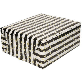 Cadeaupapier gemetaliseerd wit en zwart gestreept met gouden stippen, 150 x 70 cm - Cadeaupapier