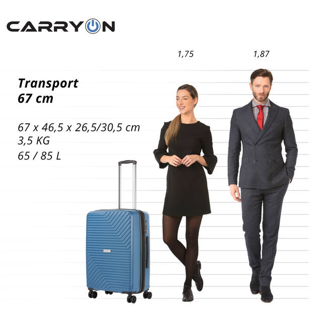 CarryOn Transport Middenmaat Reiskoffer 67cm met Expander - 85 Ltr Trolley met TSA - Blauw