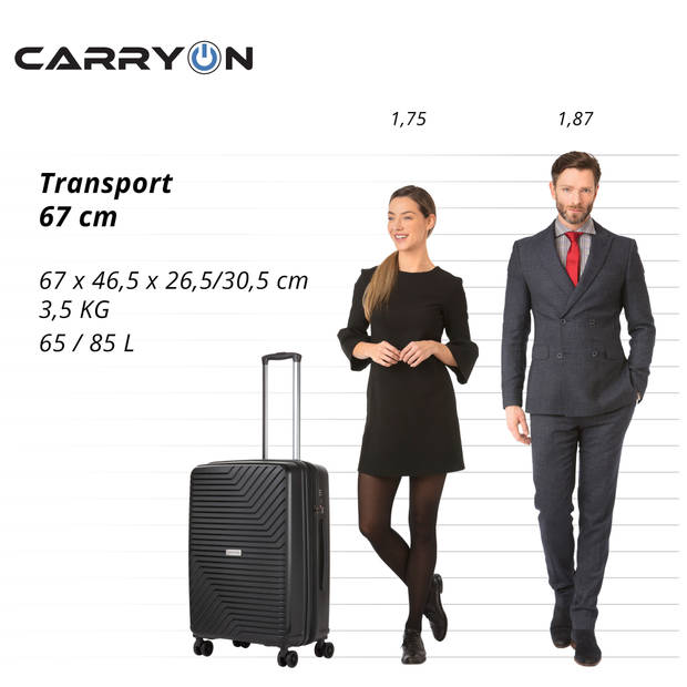 CarryOn Transport Middenmaat Reiskoffer 67cm met Expander - 85 Ltr Trolley met TSA - Zwart