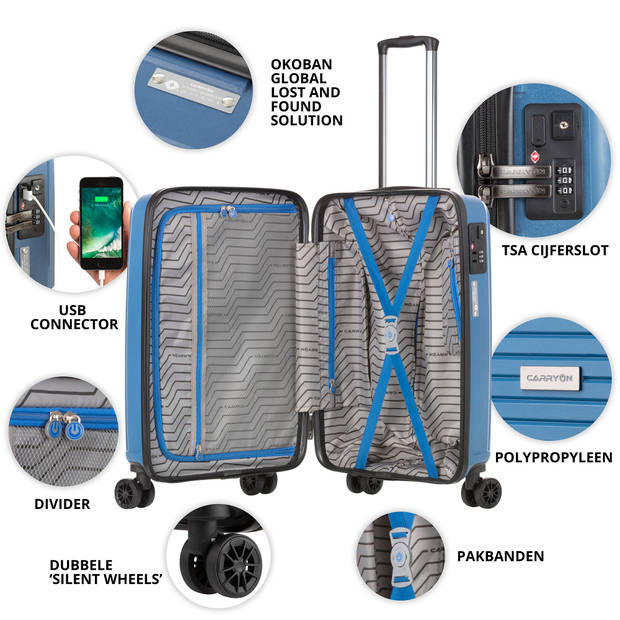 CarryOn Transport Handbagagekoffer 55cm - Handbagage 35 Ltr met USB en OKOBAN - Blauw