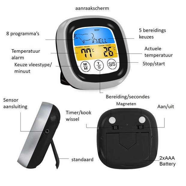 4cookz Touchscreen BBQ thermometer /Vleesthermometer - 0-250 graden