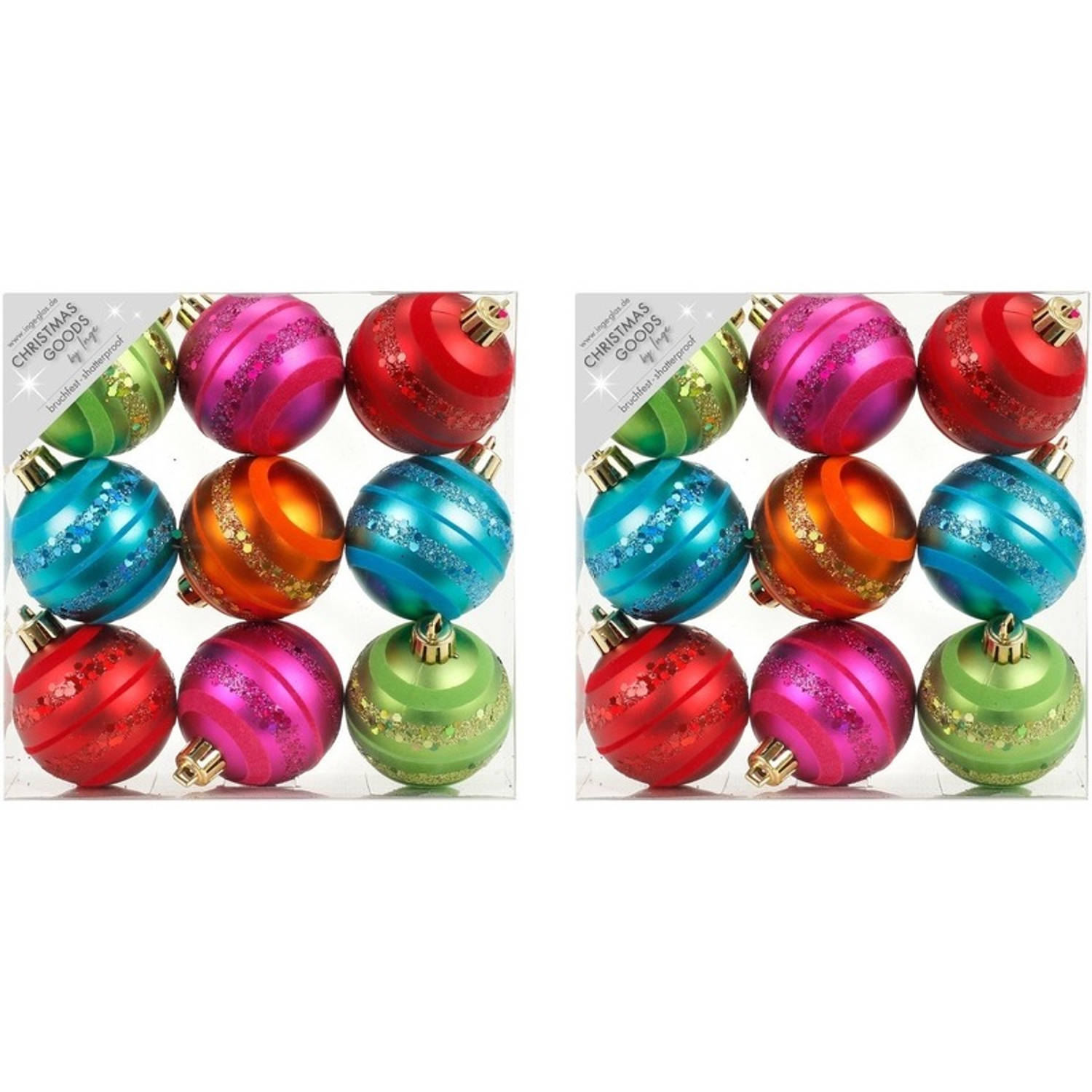 18x Gekleurde mix kunststof kerstballen pakket 6 cm Kerstboomversiering gekleurd