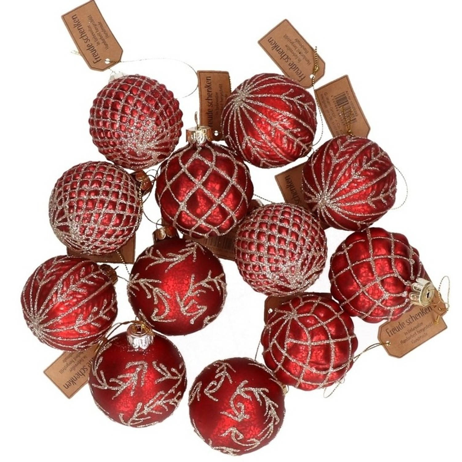 12x Rode glazen kerstballen met gouden decoratie 6 cm Kerstboom versiering-decoratie Kerstballen gla