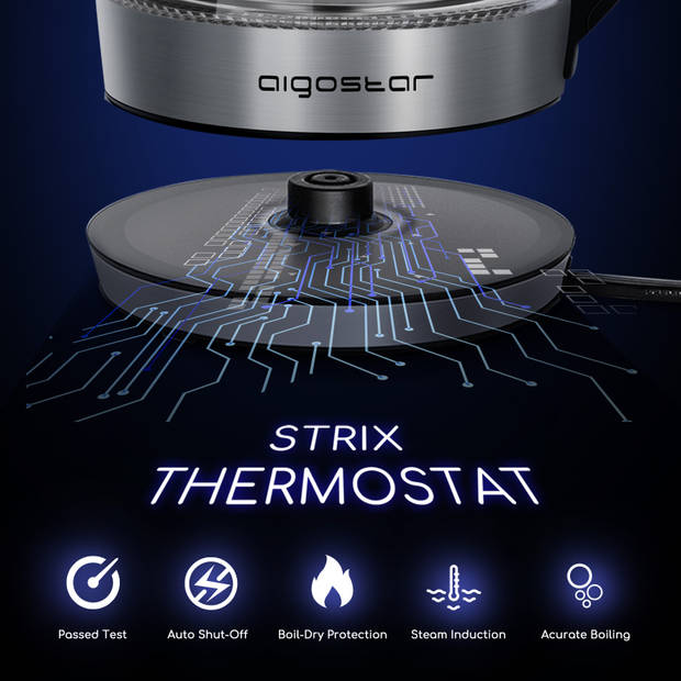 Aigostar Cris - Glazen waterkoker met LED en theefilter - Temperatuurregeling - Warmhoudfunctie - Glas - 1,7L - 2200W