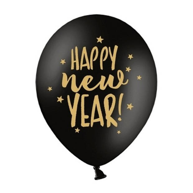12x Happy New Year ballonnen met ster zwart 30 cm - Ballonnen