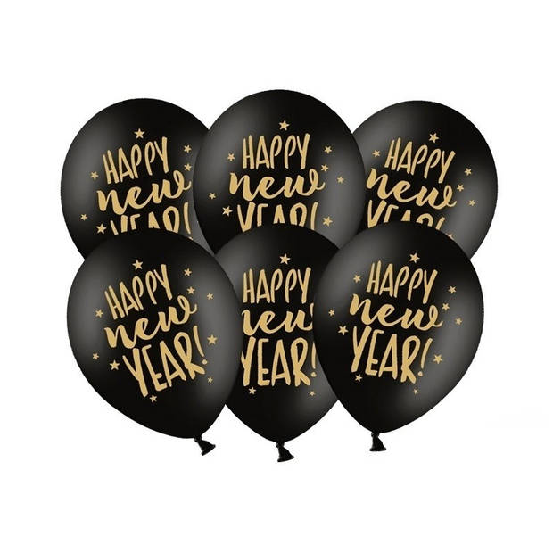 12x Happy New Year ballonnen met ster zwart 30 cm - Ballonnen