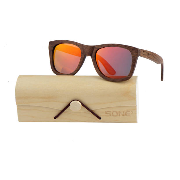 5one® Walnut Fire Red -Walnoot hout Zonnebril - spiegellens Rood