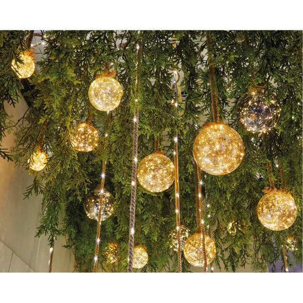 1x stuks verlichte glazen kerstballen aan touw met 40 lampjes zilver/warm wit 20 cm - kerstverlichting figuur
