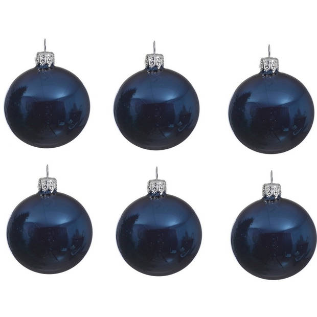 6x Glazen kerstballen glans donkerblauw 8 cm kerstboom versiering/decoratie - Kerstbal