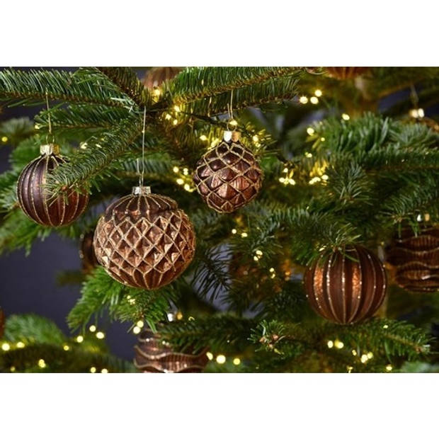 12x Bruine luxe glazen kerstballen met gouden decoratie 6 cm - Kerstbal