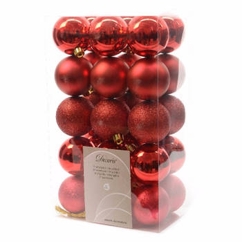 30x Kerst rode kunststof kerstballen 6 cm - Mix - Onbreekbare plastic kerstballen - Kerstboomversiering kerst rood