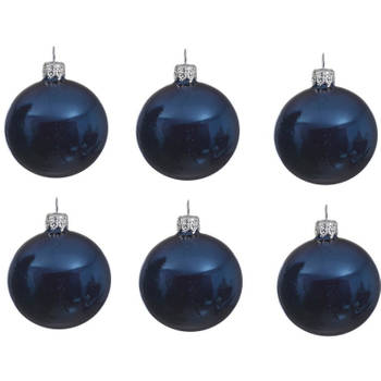 6x Glazen kerstballen glans donkerblauw 8 cm kerstboom versiering/decoratie - Kerstbal