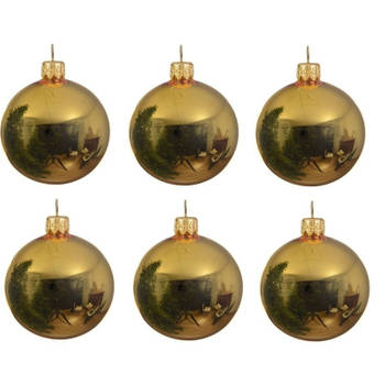 Decoris Kerstballen set - 6x stuks - goud - glas - 6 cm - glans - kerstversiering - met gouden ophanglintje - Kerstbal