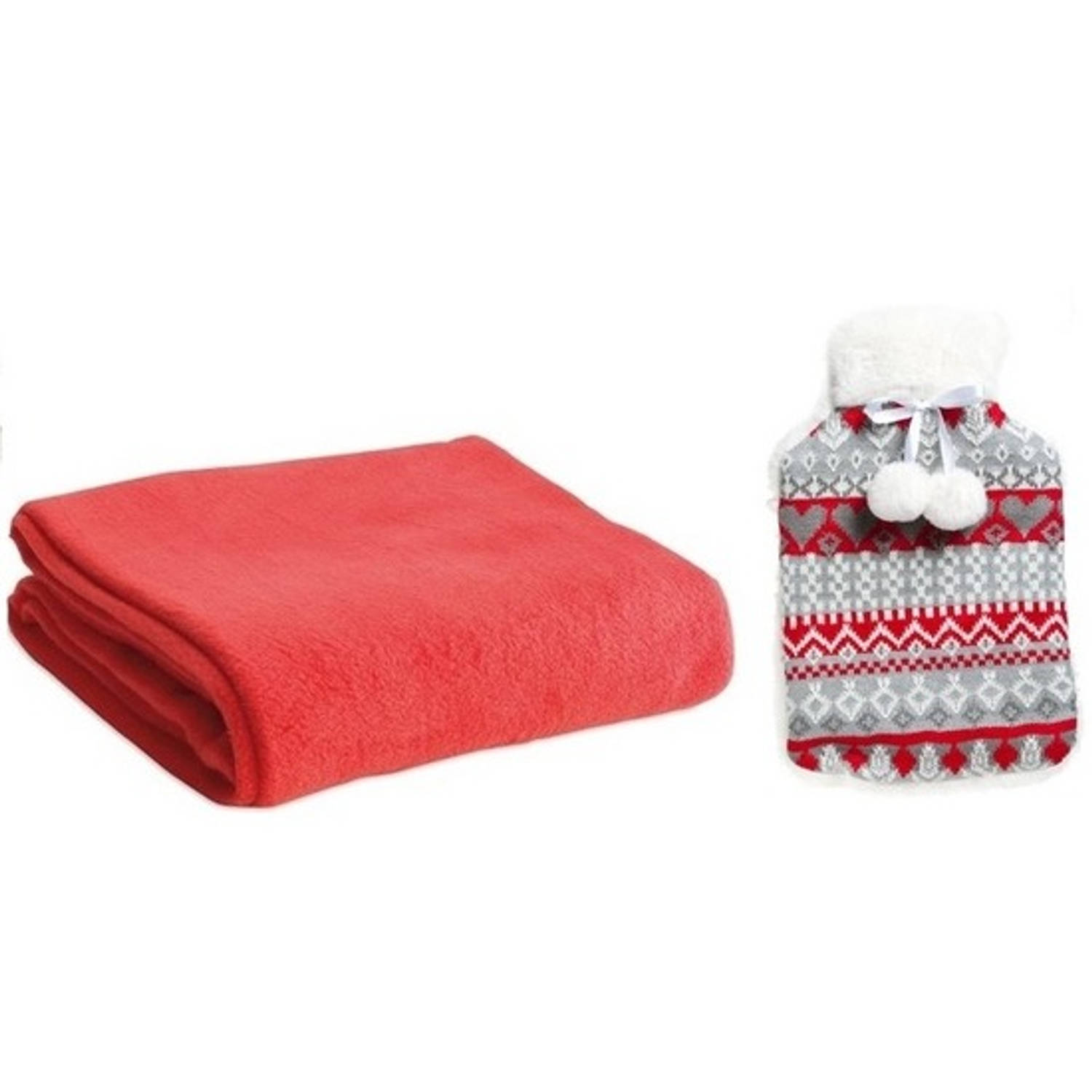 Winter cadeauset warmwaterkruik met gebriede hoes en rode fleece deken