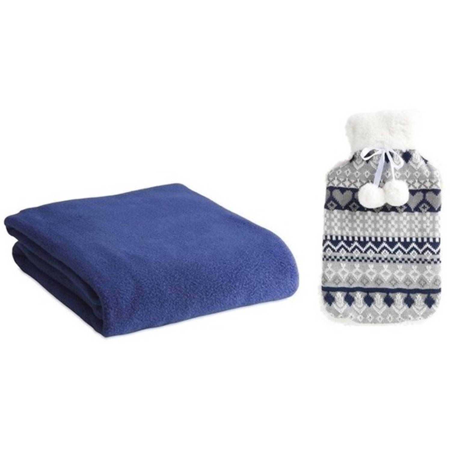 Winter cadeauset warmwaterkruik met gebriede hoes en blauwe fleece deken