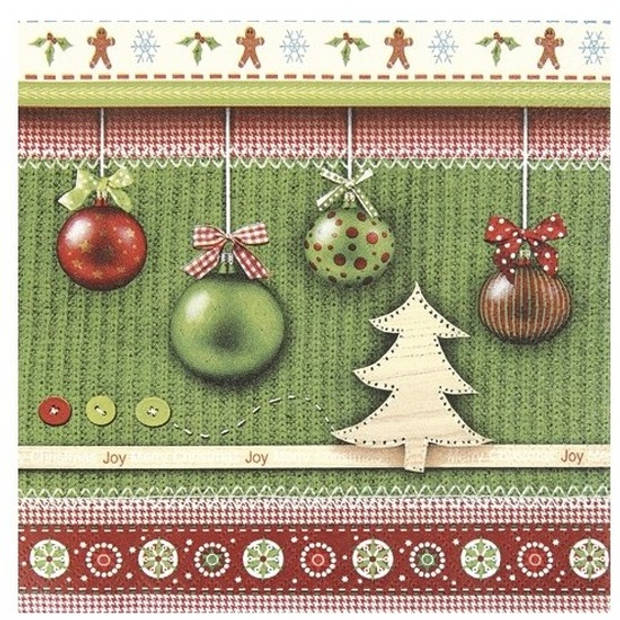 40x Feest servetten Kerst groen met kerstballen print 33 x 33 cm - Feestservetten