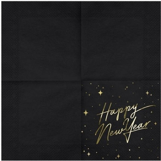 20x Nieuwjaar Happy new Year servetten zwart/goud 33 x 33 cm - Oudjaarsavond/Nieuwjaarsborrel/jaarwisseling versieringen