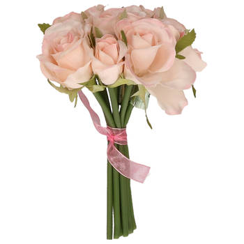 Boeketje kunstbloemen - rozen - roze - 20 cm - 9x stuks - Kunstbloemen