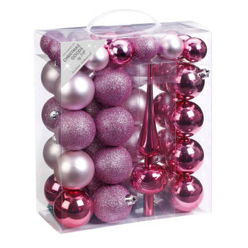 47x Kunststof kerstballen pakket met piek roze - Kerstbal
