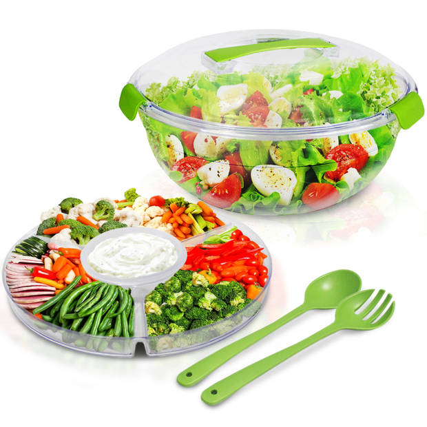 Salade bewaarbox met vakken tray en sla bestek 30 x 15 cm - Saladeschalen