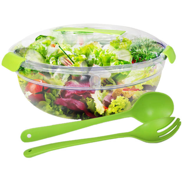 Salade bewaarbox met vakken tray en sla bestek 30 x 15 cm - Saladeschalen