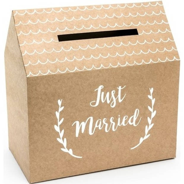 Bruine bruiloft enveloppendoos met witte tekst 30 cm huisje van karton - Feestdecoratievoorwerp