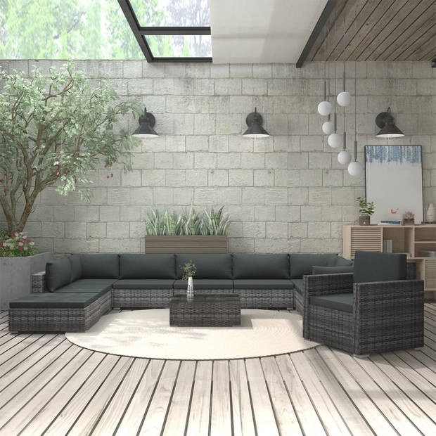 vidaXL 11-delige Loungeset met kussens poly rattan grijs